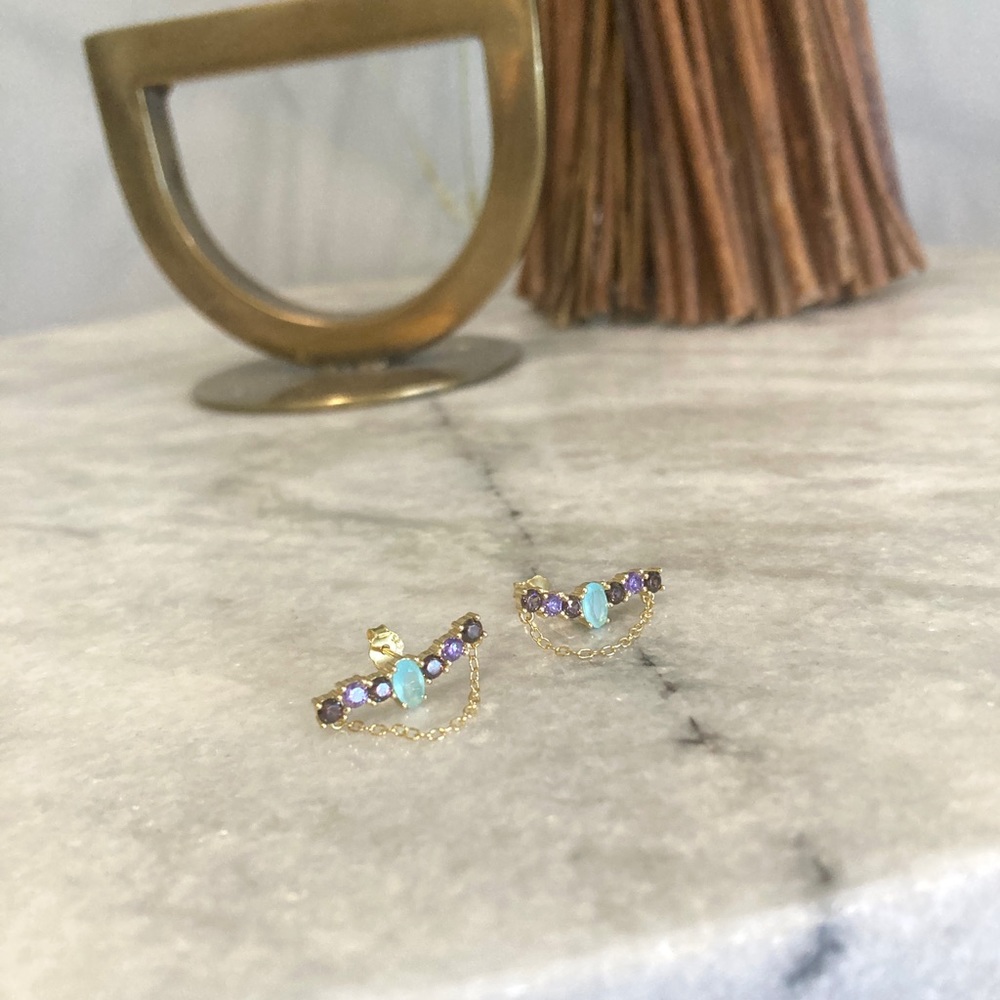 Sterling Silver Gold Toned Colorful Zircon Chain Earrings - Picture 3 of 6